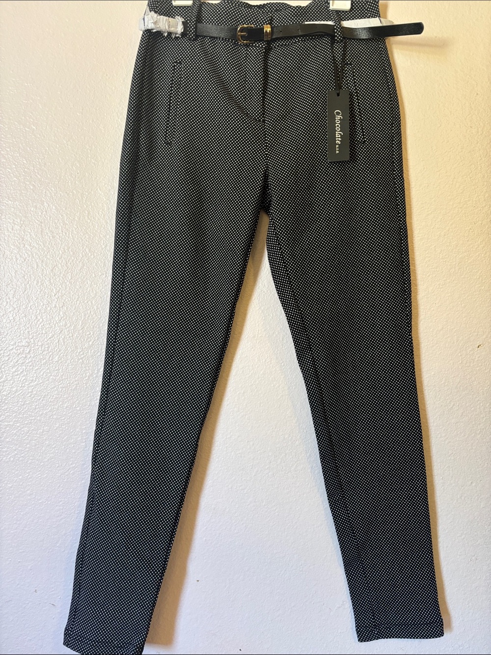 Woman’s Black Micro-Polka Dot Slim Pants With Belt, Size M, NWT